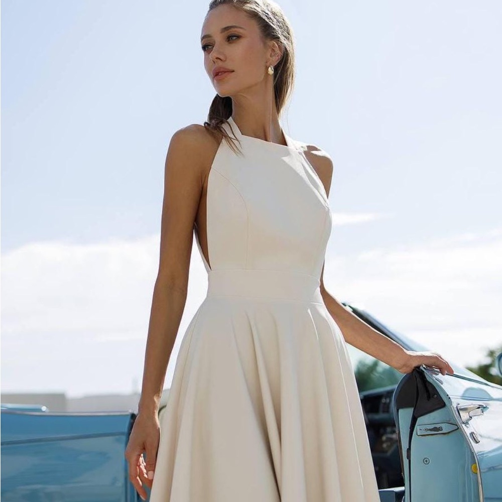 Cream Backless Halter A-Line Dress